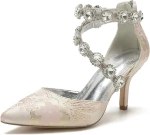 Wedding Shoes for Bride Closed Toe Womens Pointed Toe Bridal Shoes Ankle Strap Stiletto Pumps Floral Satin Evening Dress Sandals Elegant,Pink,6