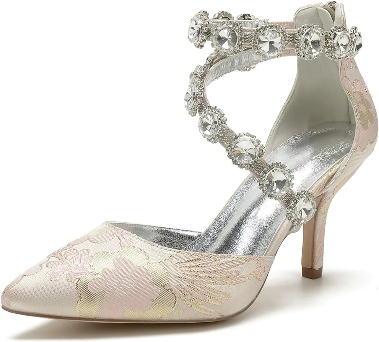 Wedding Shoes for Bride Closed Toe Womens Pointed Toe Bridal Shoes Ankle Strap Stiletto Pumps Floral Satin Evening Dress Sandals Elegant,Pink,7