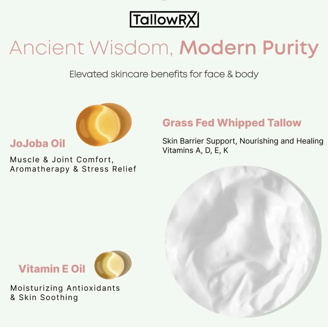 Whipped Tallow Body Butter – 100% Grass-Fed Beef Tallow for Skin & Body – Pure & Organic Moisturizer with Jojoba Oil & Vitamin E – Deep Hydration & Nourishment for Dry Skin – (4 oz, Unscented)