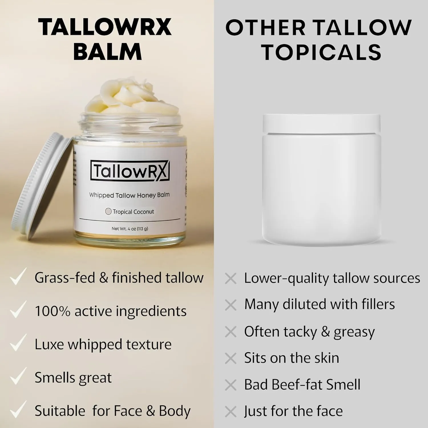 Whipped Tallow Body Butter – 100% Grass-Fed Beef Tallow for Skin & Body – Pure & Organic Moisturizer with Jojoba Oil and Vitamin E – Deep Hydration & Nourishment for Dry Skin (4 oz, Vanilla Scented)