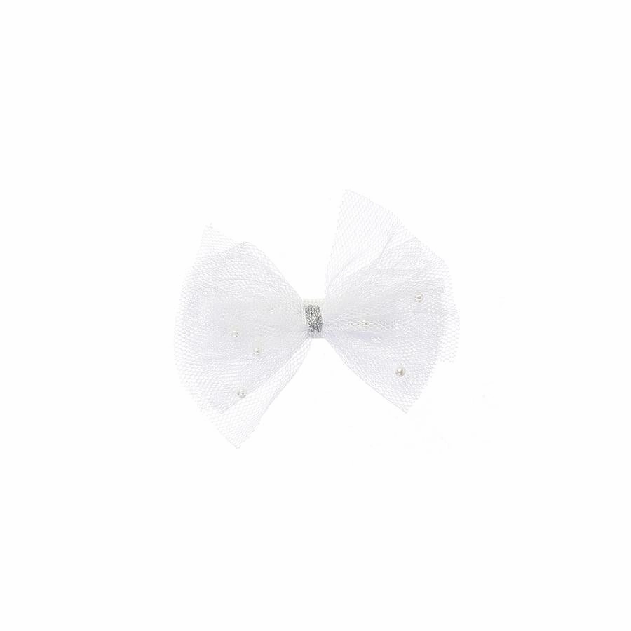White Shimmery Mesh Bow Hair Clip
