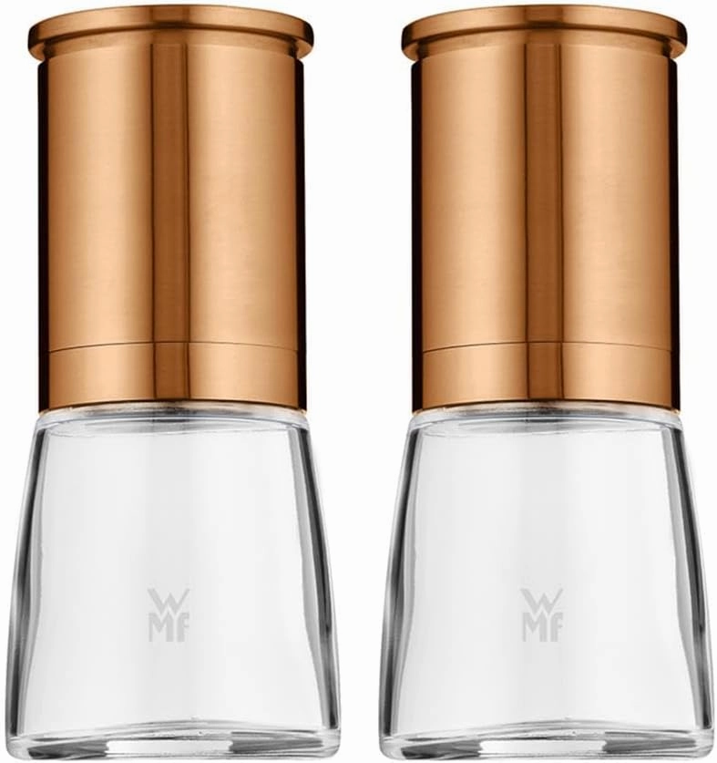 WMF De Luxe Pepper Mill Set 2-Piece Filled 14 cm Diameter 6 cm Cromargan Stainless Steel Glass Ceramic Grinder Mill for Salt / Pepper / Chilli Pepper / Copper / Ceramic Grinder