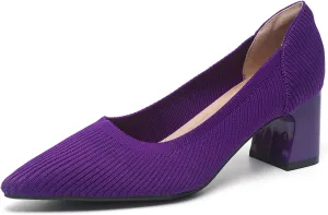 Women's Knitted Striped Pointed Toe Chunky Heel Pumps Elegant Slip On Lightweight Breathable Stretchy Knit Comfort Mid Block Heel Dress Work Shoes for Office Casual Walking Dating