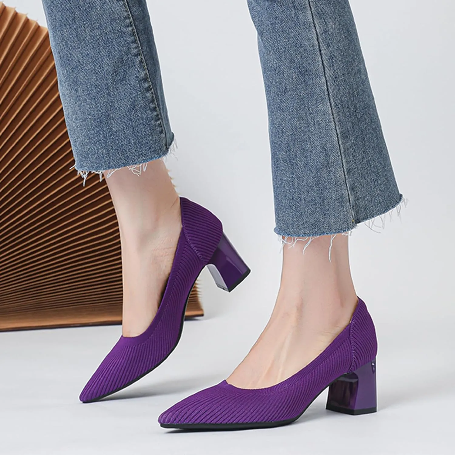 Women's Knitted Striped Pointed Toe Chunky Heel Pumps Elegant Slip On Lightweight Breathable Stretchy Knit Comfort Mid Block Heel Dress Work Shoes for Office Casual Walking Dating