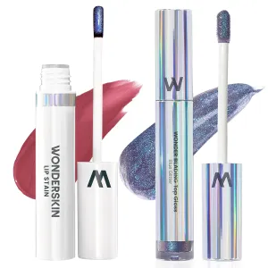 Wonderskin Wonder Blading Lip Stain Peel Off Masque - Long Lasting, Waterproof (Charming) with Top Gloss - Blue Glitter Lip Gloss, Hydrating and High Shine Finish