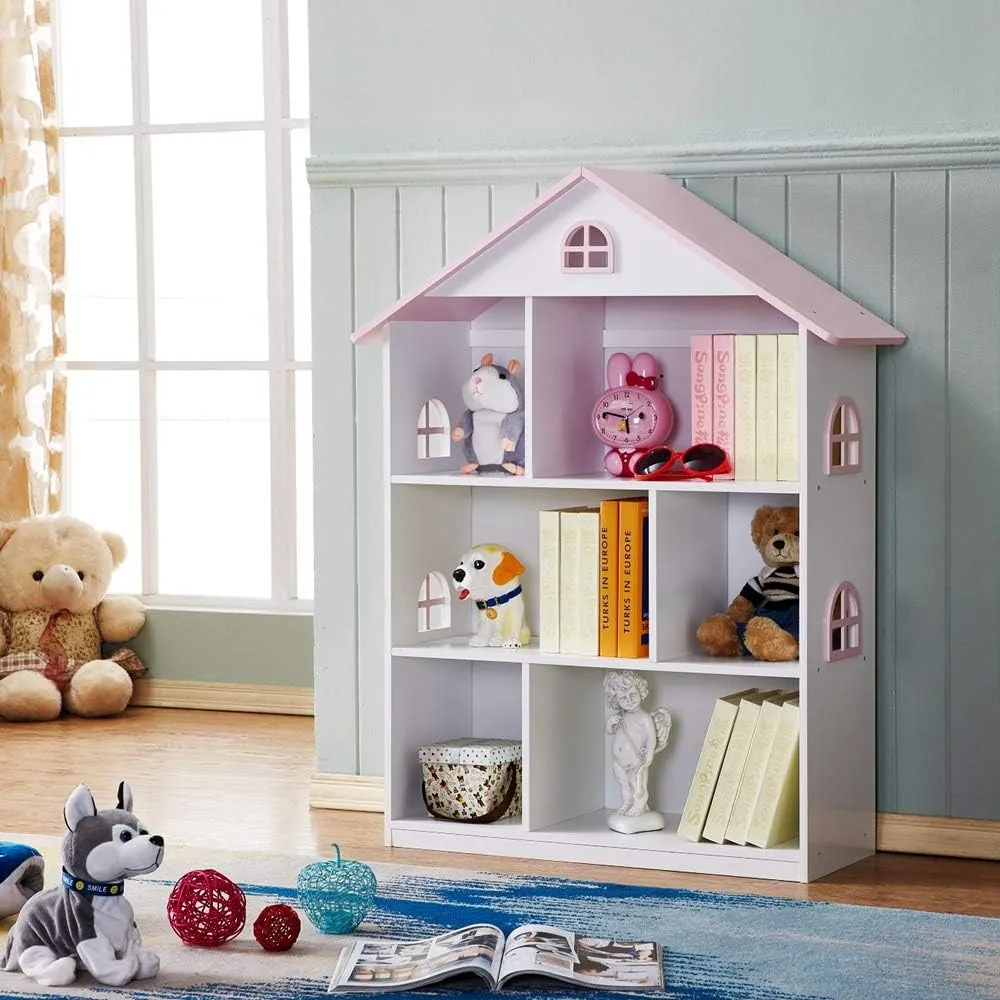 Wooden Dollhouse Bookshelf 3-Tier Doll House Bookcase Kids Books Toys Storage Organizer Shelves for Children's Bedroom Playroom Kindergarten Nursery Gift for Boys Girls Ages 3-8 Years Old