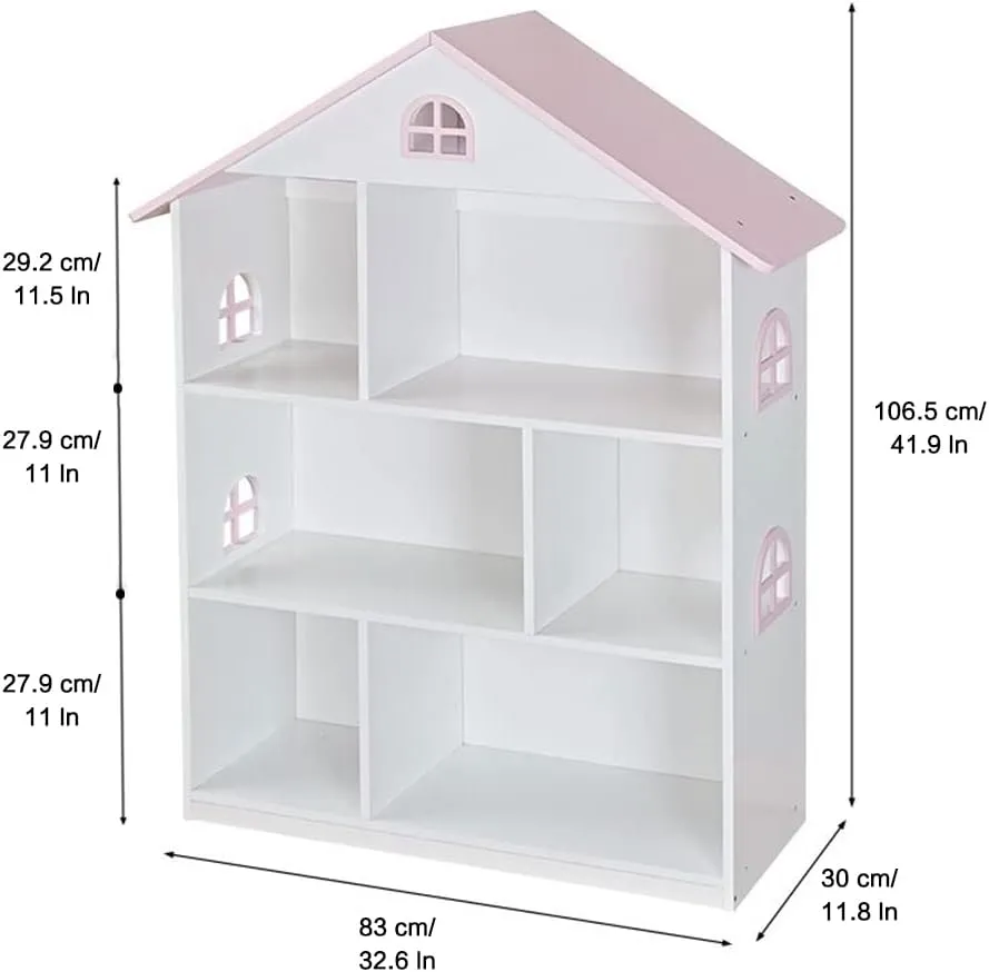 Wooden Dollhouse Bookshelf 3-Tier Doll House Bookcase Kids Books Toys Storage Organizer Shelves for Children's Bedroom Playroom Kindergarten Nursery Gift for Boys Girls Ages 3-8 Years Old