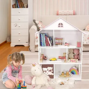 Wooden Dollhouse Bookshelf 3-Tier Doll House Bookcase Kids Books Toys Storage Organizer Shelves for Children's Bedroom Playroom Kindergarten Nursery Gift for Boys Girls Ages 3-8 Years Old