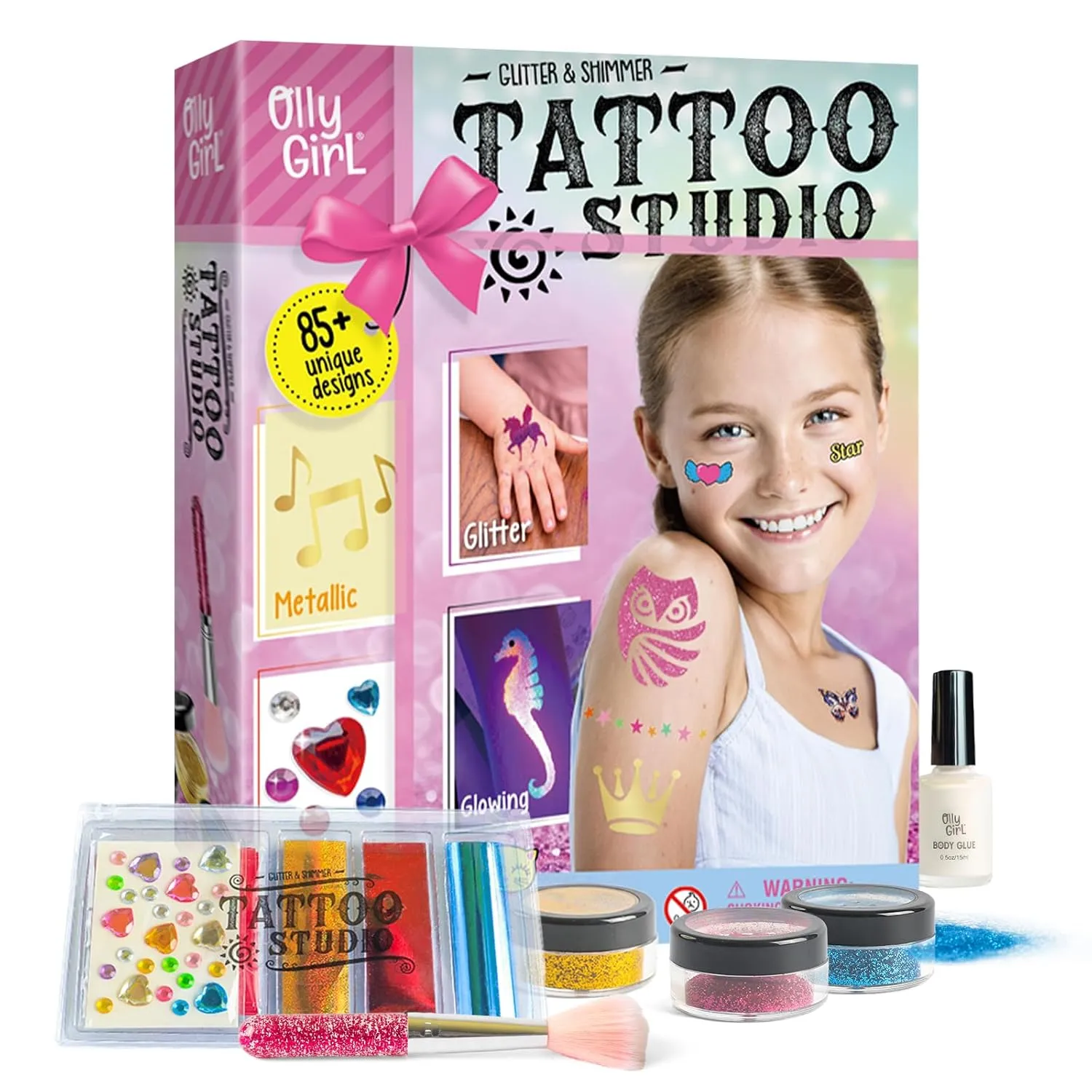 XXTOYS Temporary Shimmery Glitter Tattoo Studio for Kids, Glitter & Shimmer Body Art Fake Tattoos for Girls,Arts & Crafts Gifts for Kids Ages 6-8 8-12, Cool Gifts for Girls