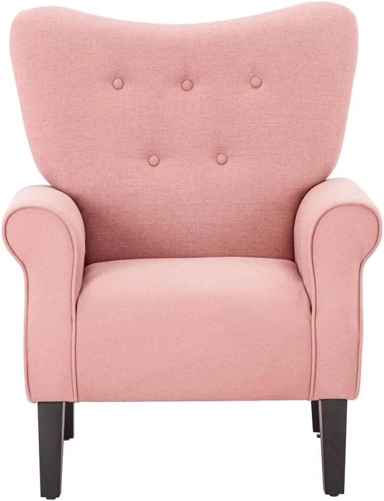 YOLENY Modern Accent Chair,High Back Armchair,Upholstered Fabric Button Single Sofa with Wooden Legs for Living Room,Bedroom,Club,Light Pink
