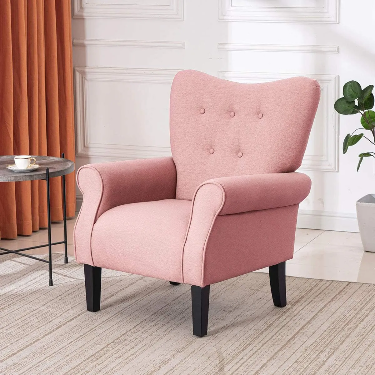 YOLENY Modern Accent Chair,High Back Armchair,Upholstered Fabric Button Single Sofa with Wooden Legs for Living Room,Bedroom,Club,Light Pink