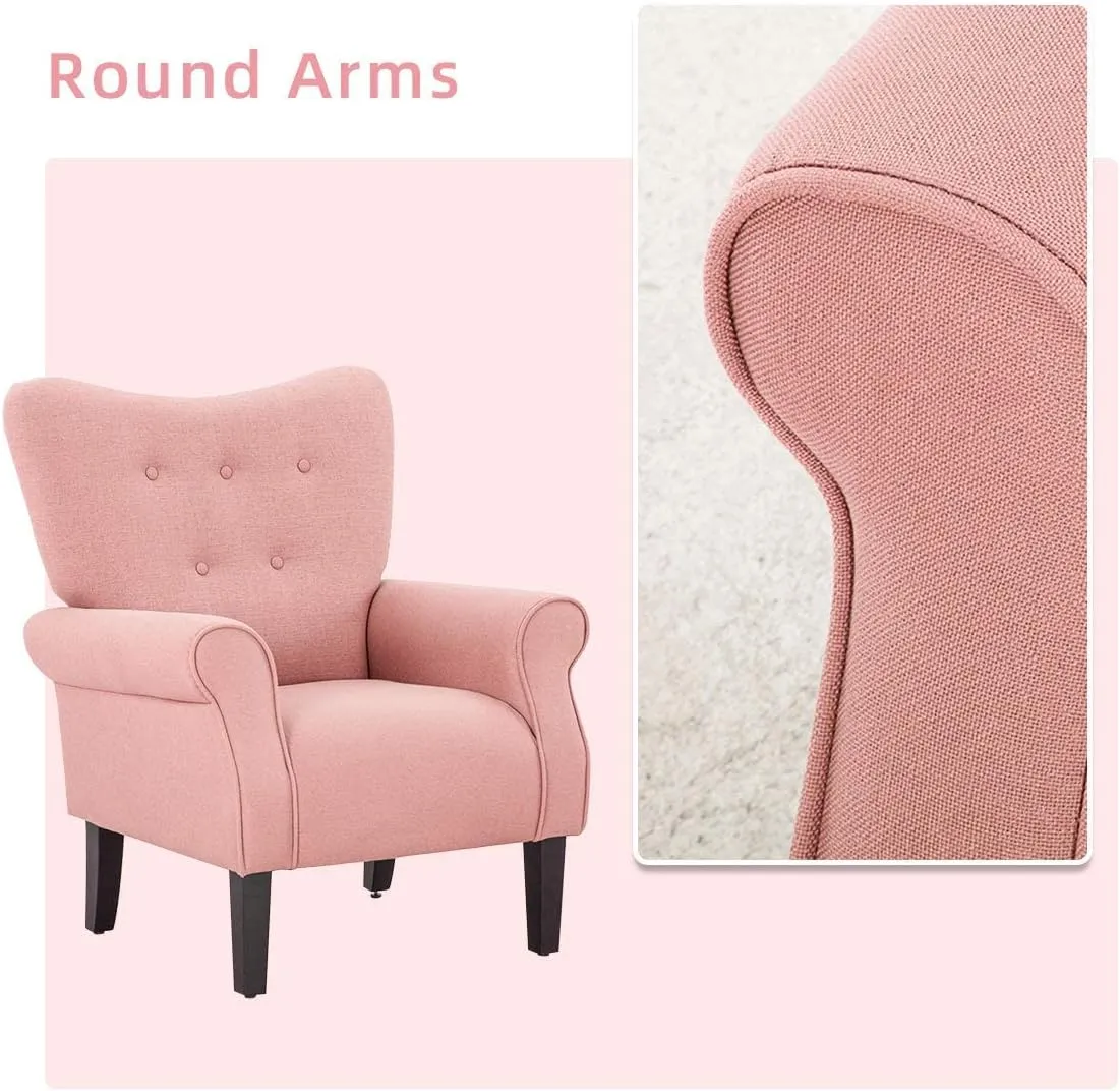 YOLENY Modern Accent Chair,High Back Armchair,Upholstered Fabric Button Single Sofa with Wooden Legs for Living Room,Bedroom,Club,Light Pink
