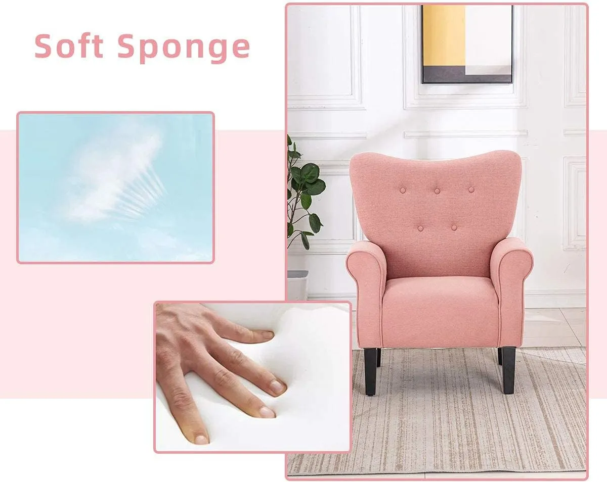 YOLENY Modern Accent Chair,High Back Armchair,Upholstered Fabric Button Single Sofa with Wooden Legs for Living Room,Bedroom,Club,Light Pink