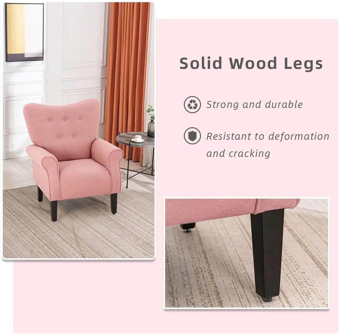YOLENY Modern Accent Chair,High Back Armchair,Upholstered Fabric Button Single Sofa with Wooden Legs for Living Room,Bedroom,Club,Light Pink