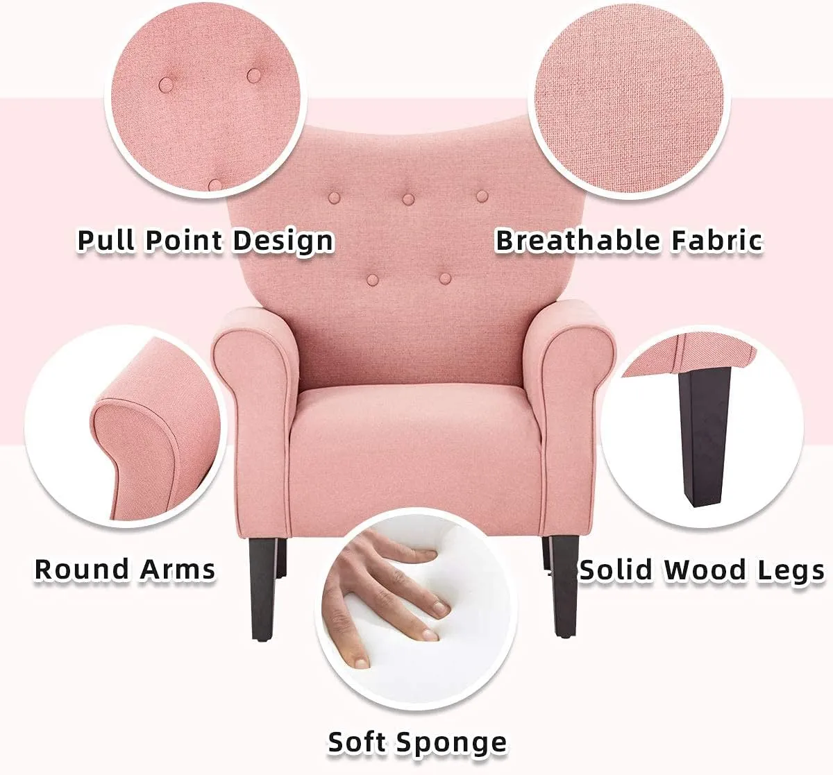 YOLENY Modern Accent Chair,High Back Armchair,Upholstered Fabric Button Single Sofa with Wooden Legs for Living Room,Bedroom,Club,Light Pink